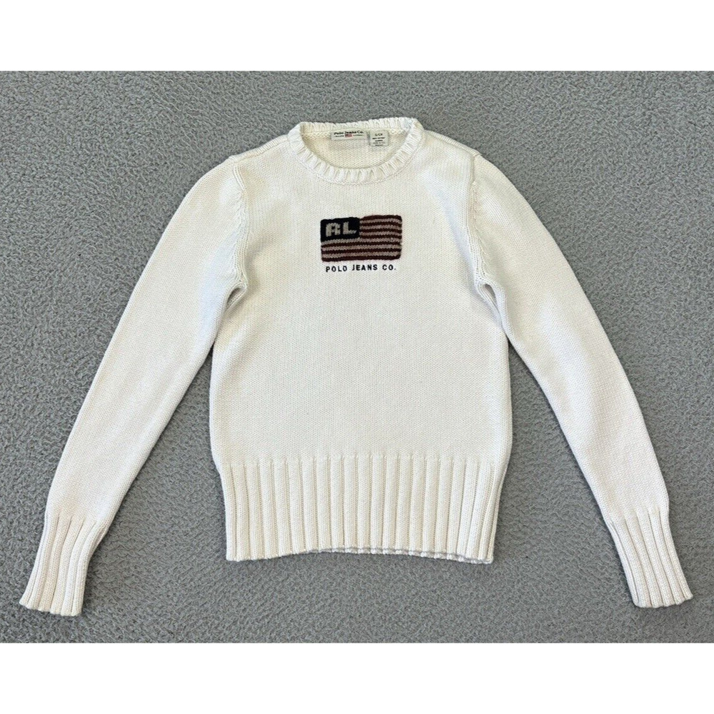 Vintage Ralph Lauren Polo Jeans Co American Flag Sweater Womens Small White
